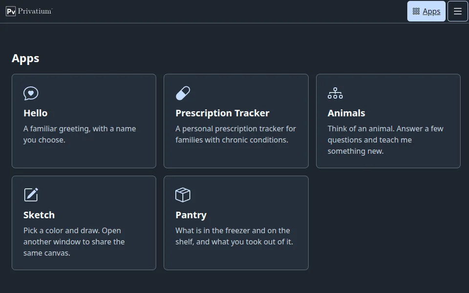 Privatium app launcher showing cards for Hello, Prescription Tracker, Animals, Sketch, and Pantry.